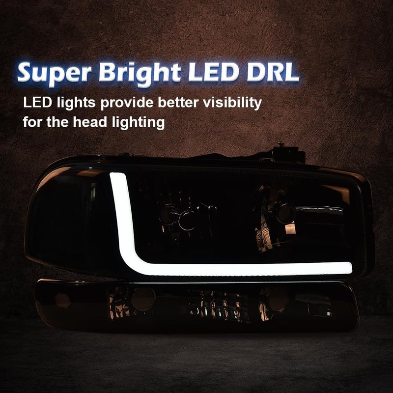PIT66 LED DRL BAR Headlights Assembly, Compatible with 1999-2006 GMC Sierra /2000-2006 GMC Yukon, Headlamps Smoky Lens Black Housing Clear Reflector - Image 5